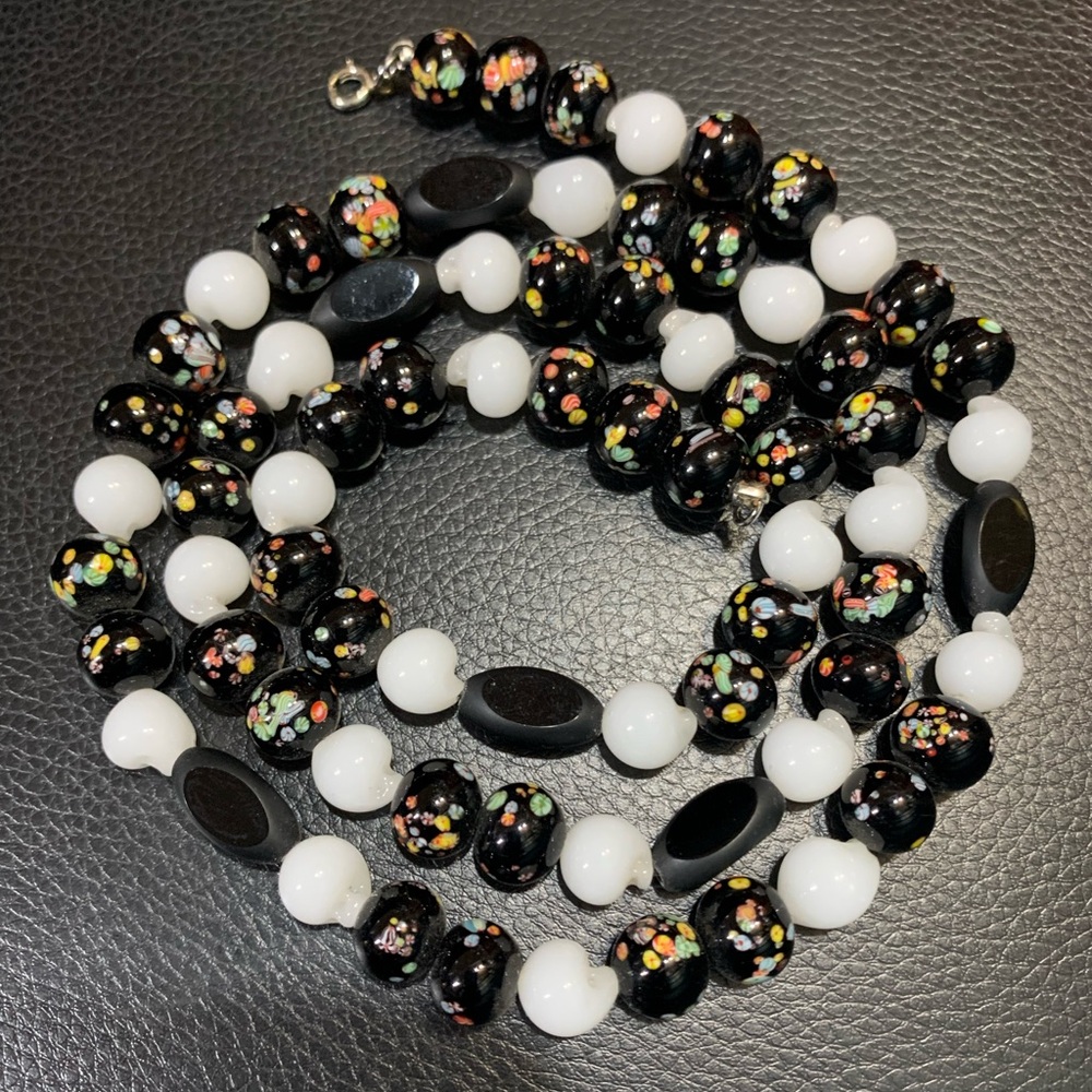 Miriam Haskell cherry brand Japanese black Tombo glass beads Necklace#360